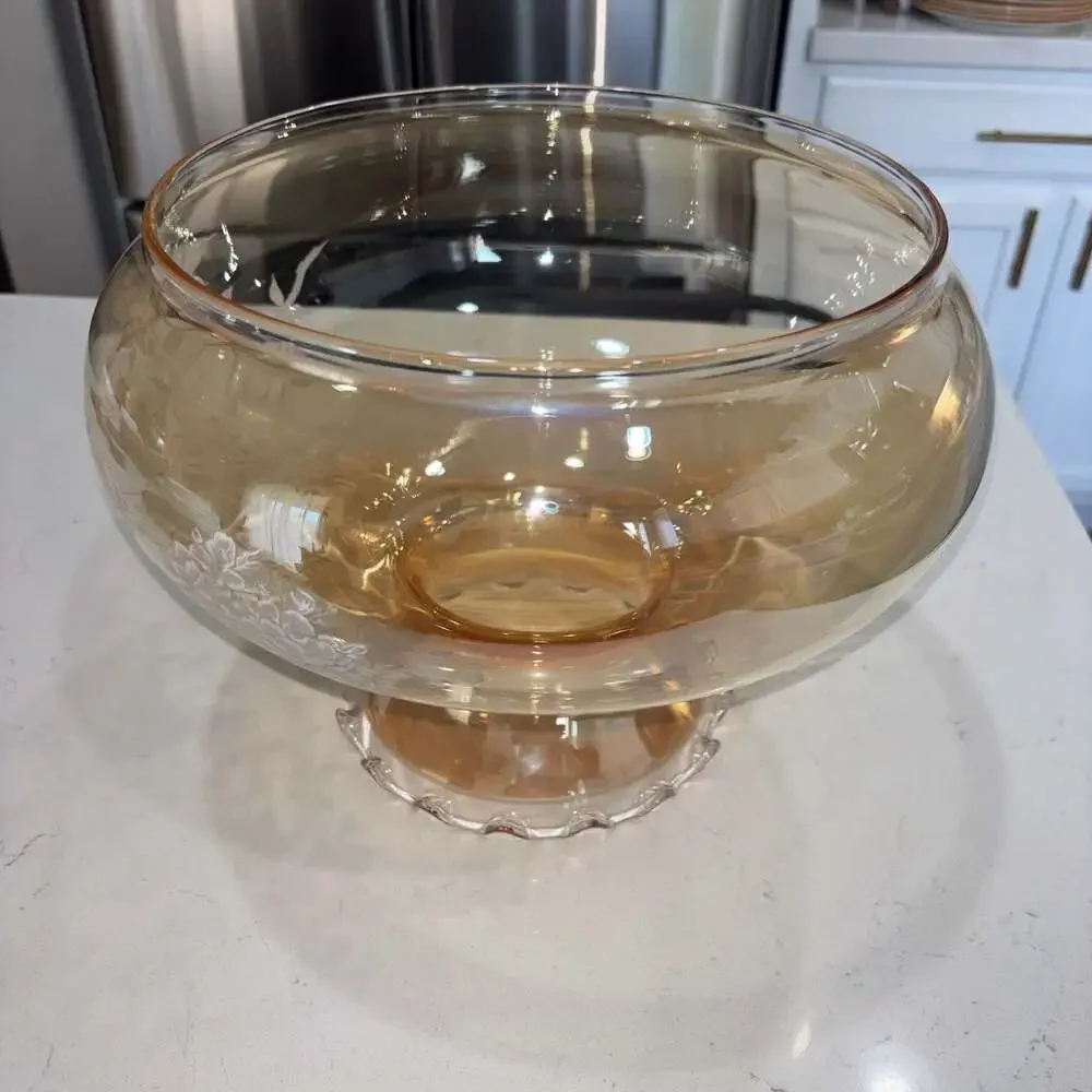 Vintage Hurricane Ruffled Iridescent Amber Glass Shade White Floral 9.5” Fitter